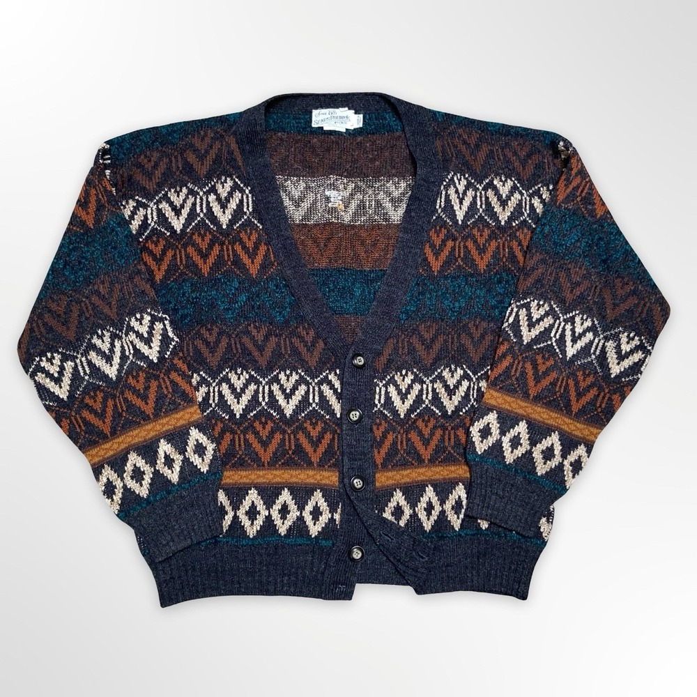 Vintage Sears Roebuck Cardigan Sweater Mens Medium Nordic Grandpa Wool Blend USA